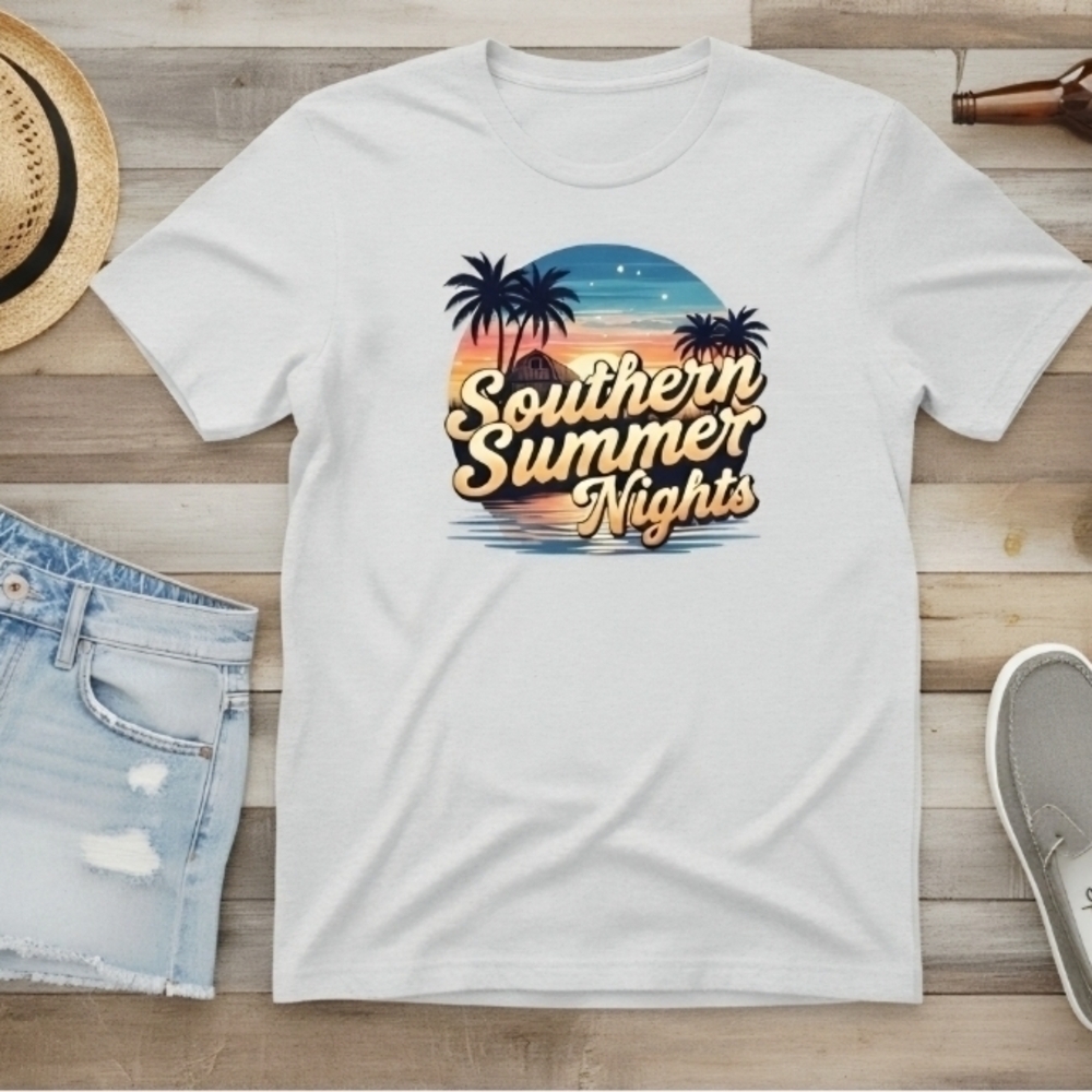 Southern Summer Nights Tee • Retro Sunset Palm Trees Graphic Shirt • Summer